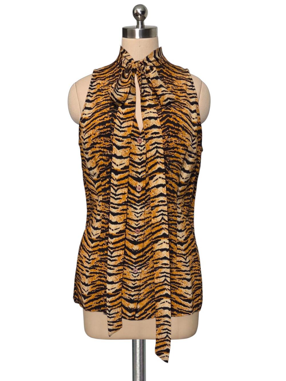 JACK MULQUEEN 100% Silk Tiger Tie Front Button Down Blouse Top 8